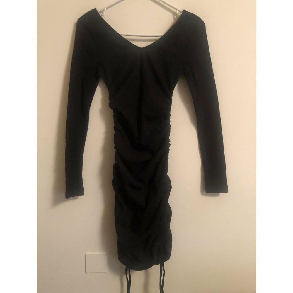 Double Drawstring Ruched Mini Black Dress